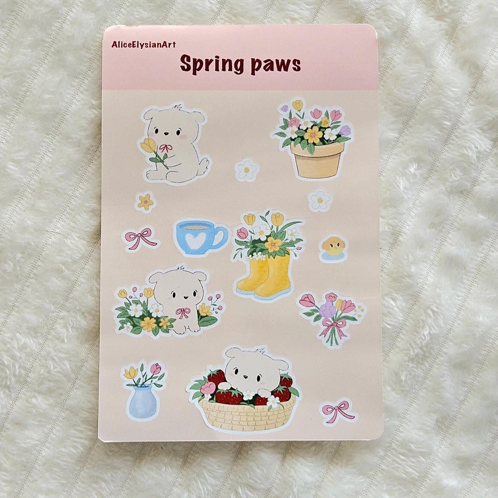 Planche d'autocollants Spring Paws | Stickers | Journal | Scrapbooking | Vinyle blanc brillant | Printemps | Floral
