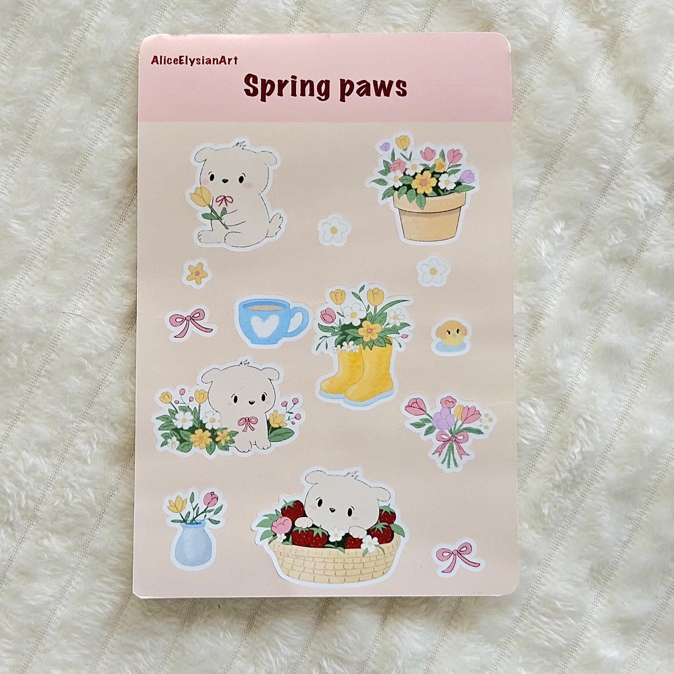 Planche d'autocollants Spring Paws | Stickers | Journal | Scrapbooking | Vinyle blanc brillant | Printemps | Floral