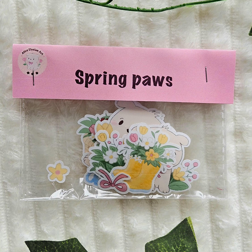 Lot d'autocollants | Ensemble de stickers | Spring Paws | Printemps Fleurs Bouquet | Ordinateur Scrapbooking Journaling Tablette Téléphone