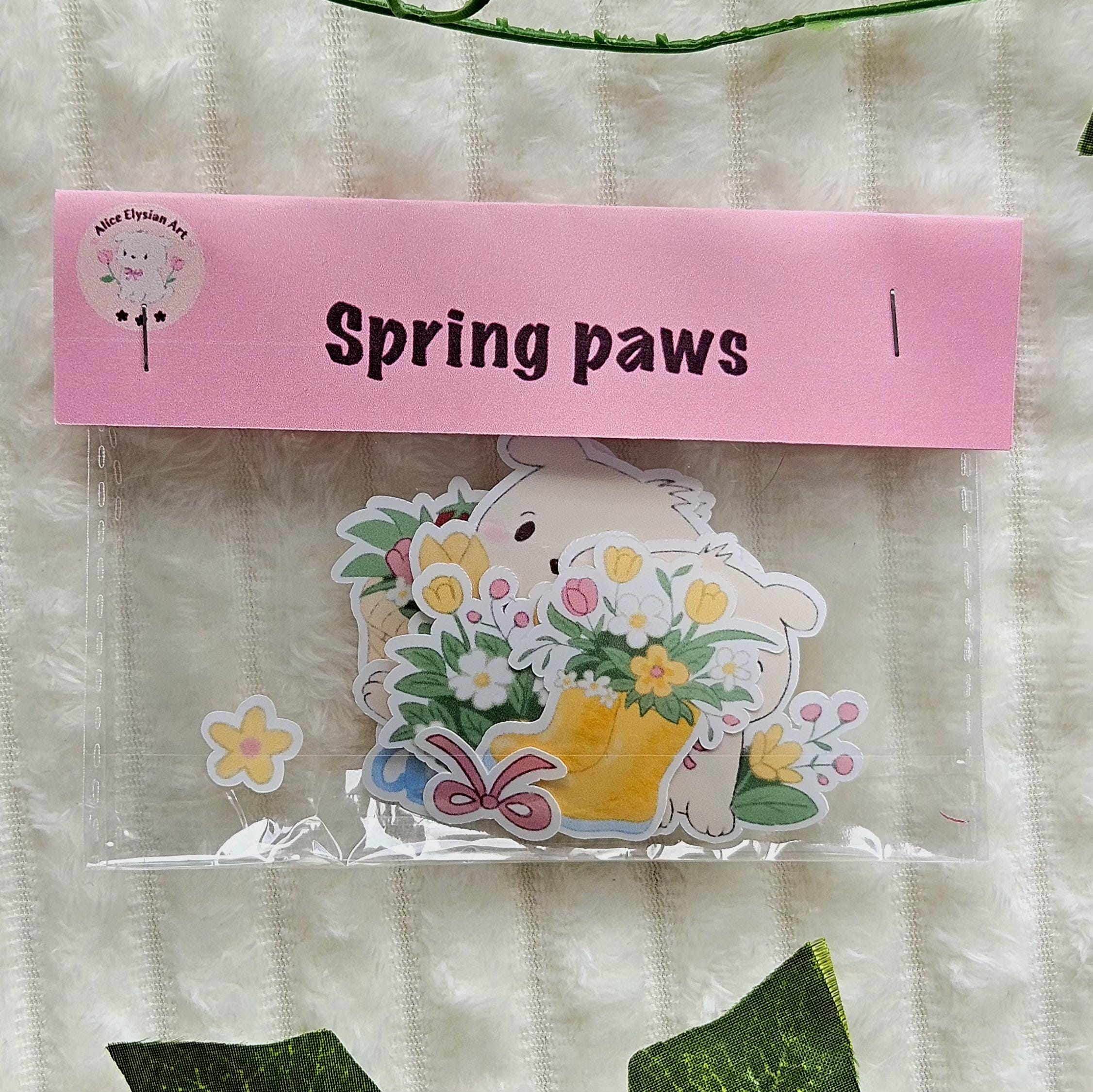 Lot d'autocollants | Ensemble de stickers | Spring Paws | Printemps Fleurs Bouquet | Ordinateur Scrapbooking Journaling Tablette Téléphone