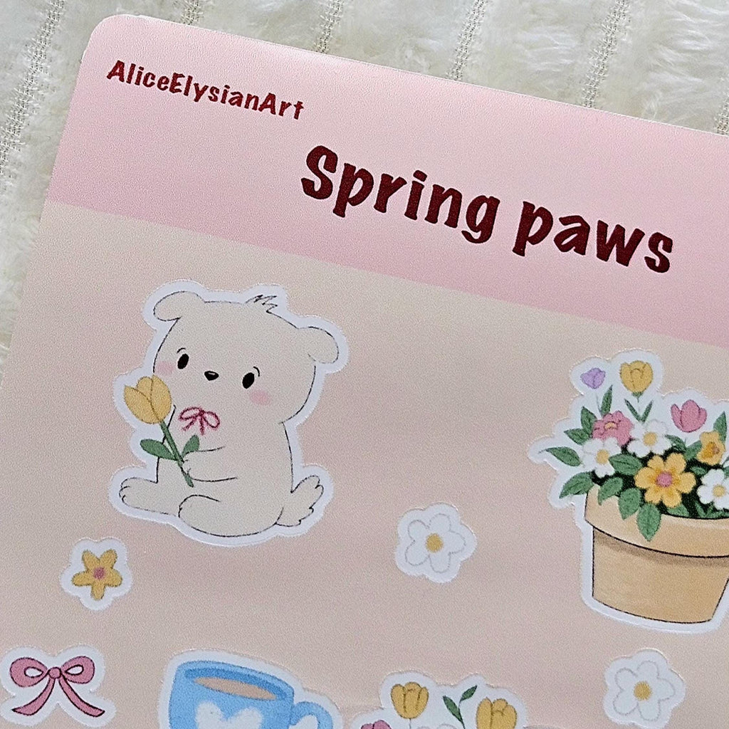 Planche d'autocollants Spring Paws | Stickers | Journal | Scrapbooking | Vinyle blanc brillant | Printemps | Floral