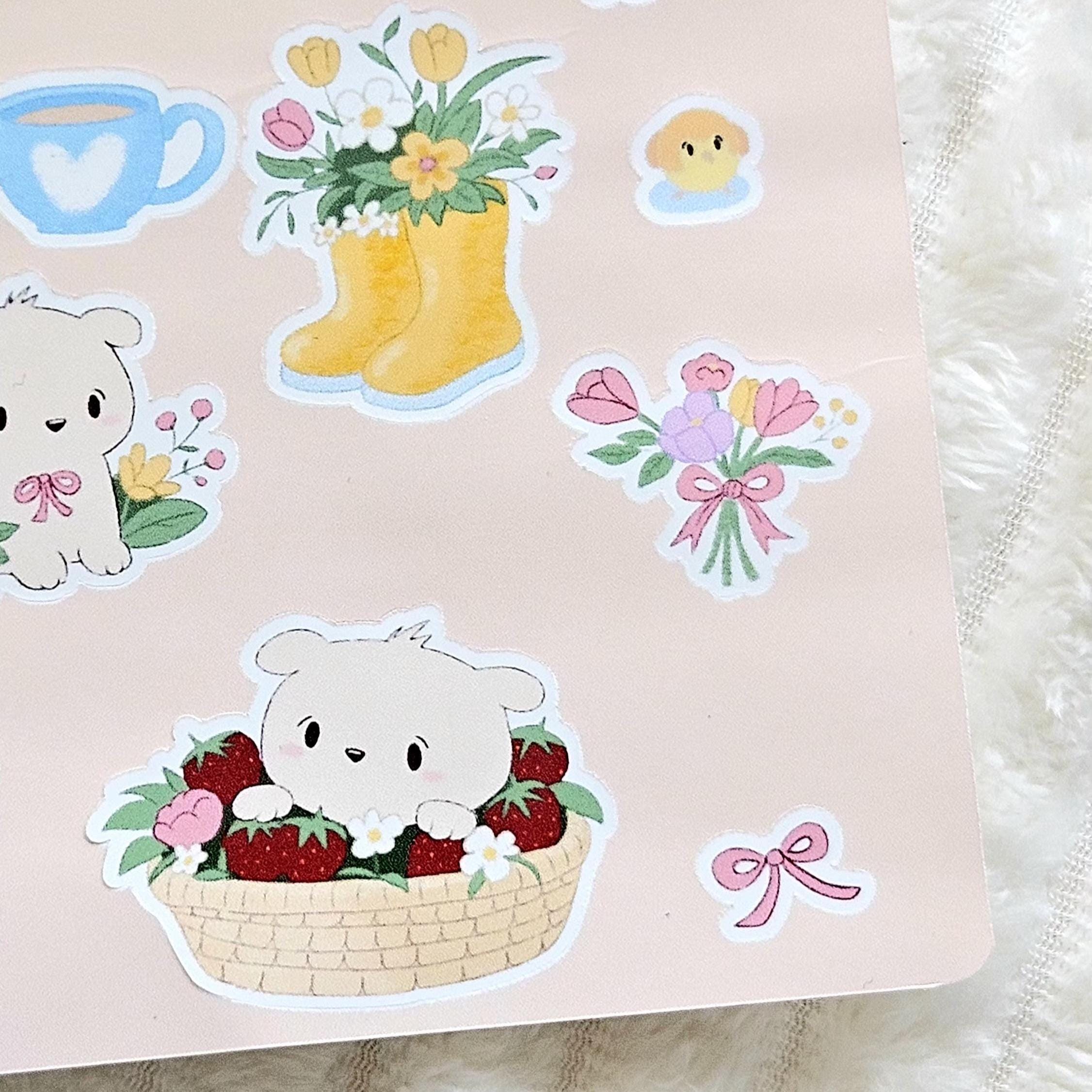 Planche d'autocollants Spring Paws | Stickers | Journal | Scrapbooking | Vinyle blanc brillant | Printemps | Floral
