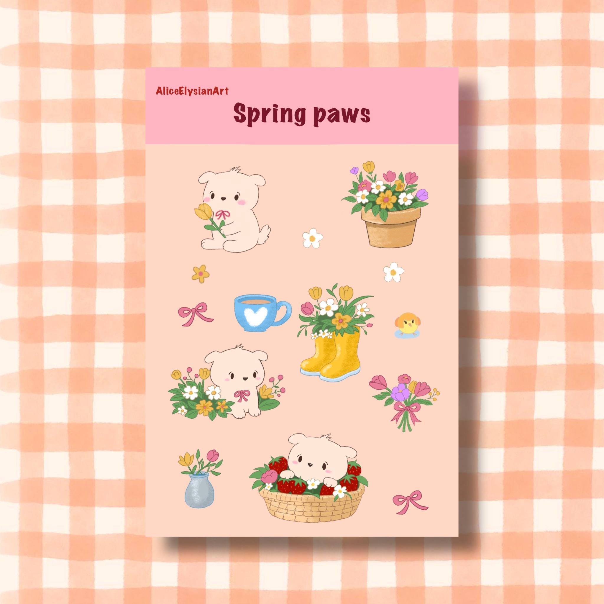 Planche d'autocollants Spring Paws | Stickers | Journal | Scrapbooking | Vinyle blanc brillant | Printemps | Floral