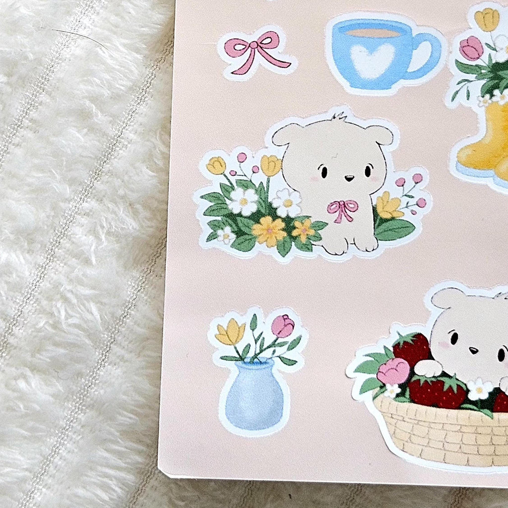 Planche d'autocollants Spring Paws | Stickers | Journal | Scrapbooking | Vinyle blanc brillant | Printemps | Floral