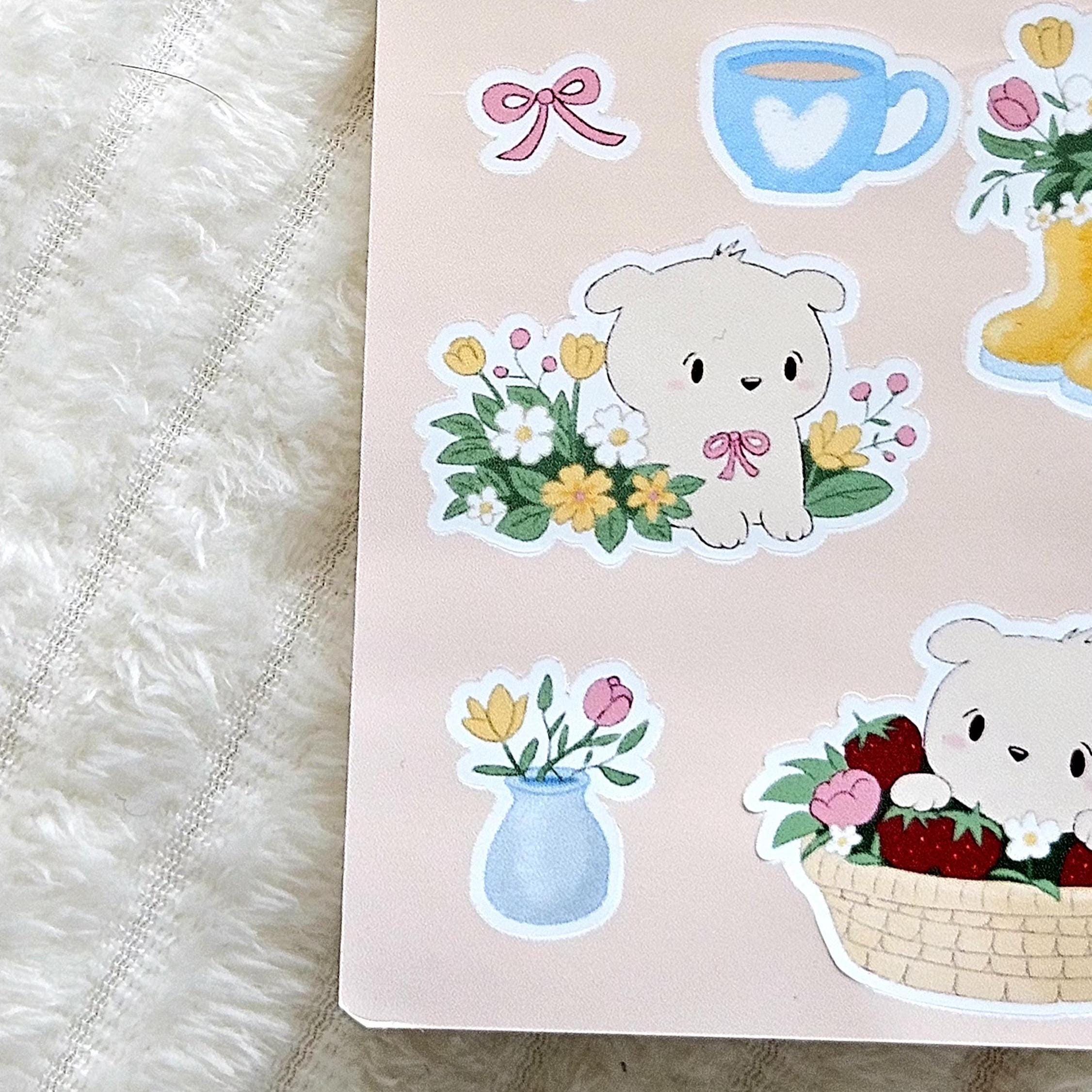 Planche d'autocollants Spring Paws | Stickers | Journal | Scrapbooking | Vinyle blanc brillant | Printemps | Floral