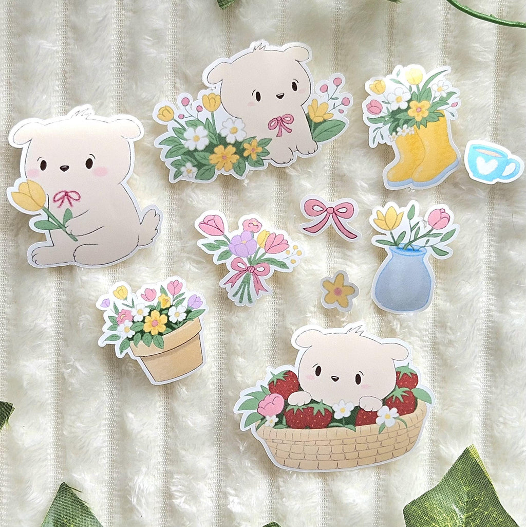 Lot d'autocollants | Ensemble de stickers | Spring Paws | Printemps Fleurs Bouquet | Ordinateur Scrapbooking Journaling Tablette Téléphone